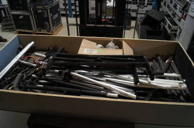 Bin of Assorted Keyboard & Guitar Stands, Music Stand & Speaker Stand Parts