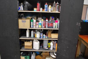 Cabinet containing Miscellaneous Cleaning Supplies, Paint and Bubble Wrap
