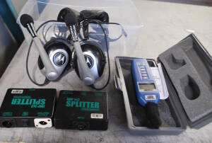 Lot 2x Motorola NFL Style Single Muff Headset, 2x Whirlwind IMP 1 in 2 out Mic Splitter, Checkmate CM130 Sound Level Meter
