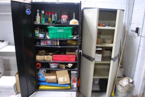 Lot (2) Cabinet containing Motor Oil, Fire Extinguishers, Assorted Staging Accessories, Hardware and