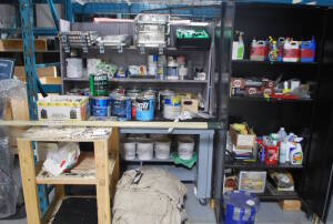 Workbench on wheels (72"x60"x32") containing Paint/Painting Supplies and Cabinet (72"x36"x18") containing all Paint and Painting Supplies