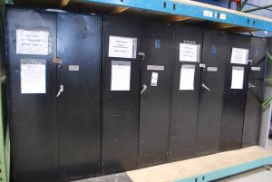 Lot (6) Black Cabinet and (1) Black Cabinet containing Miscellaneous Tools, Casters and Stencils